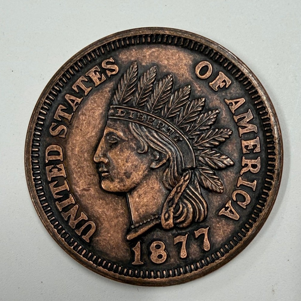 Vintage 1877 Indian Head Penny Replica Oversized 3 Inch Copper Tone Novelty Coin